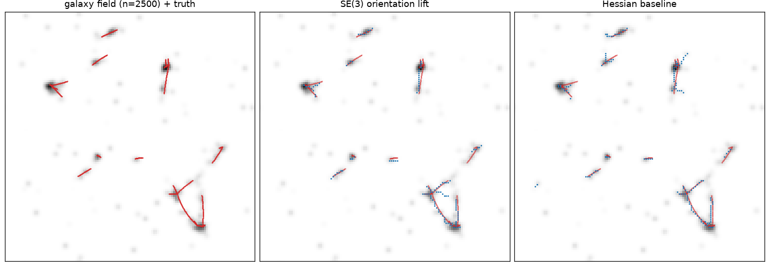 6-voxel slab of a Voronoi-web galaxy field with exact truth curves in red and the skeletons recovered by the SE(3) lift and the Hessian baseline in blue, at the selected variant and sampling density