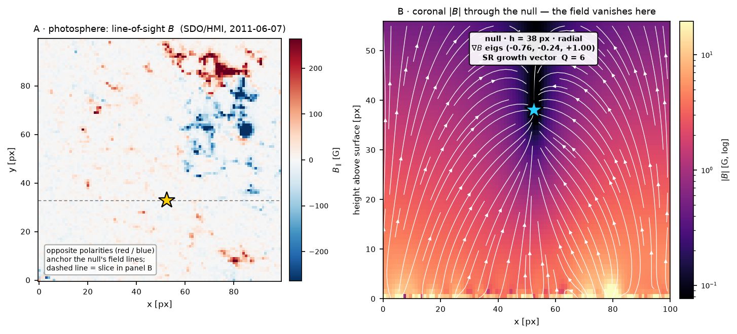 Two panels: left, a real SDO/HMI magnetogram of a solar active region; right, a vertical slice of the extrapolated coronal field magnitude showing it collapse to zero at the null, with field-line streamlines fanning through it